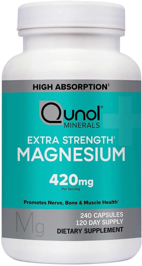 Qunol Magnesium תוספת כוח 420 מ"ג, Vegetarian & Gluten חינם, 240 קפסולות