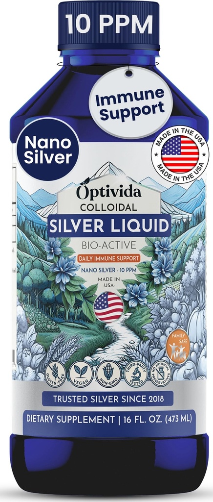 Optivida Health Nano Colloidal Silver Liquid (1 LB) – Immune Support Supplements with Silver Hydrosol, Liquid for Immune Support, Colloidal Silver for Immune System, 10 PPM.