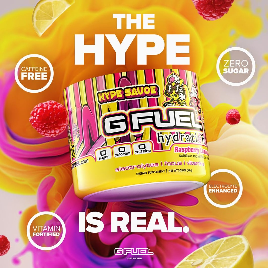 GGFuel Hype Sauce Supreme Hydration, Electrolite Powder Mix for Energy & Focus, Sugar and Caffeine Free Supplement with Escerns Vitamin & Mineces, Raspberry Lemonade Flavor, 3.3 oz - 30 Servis