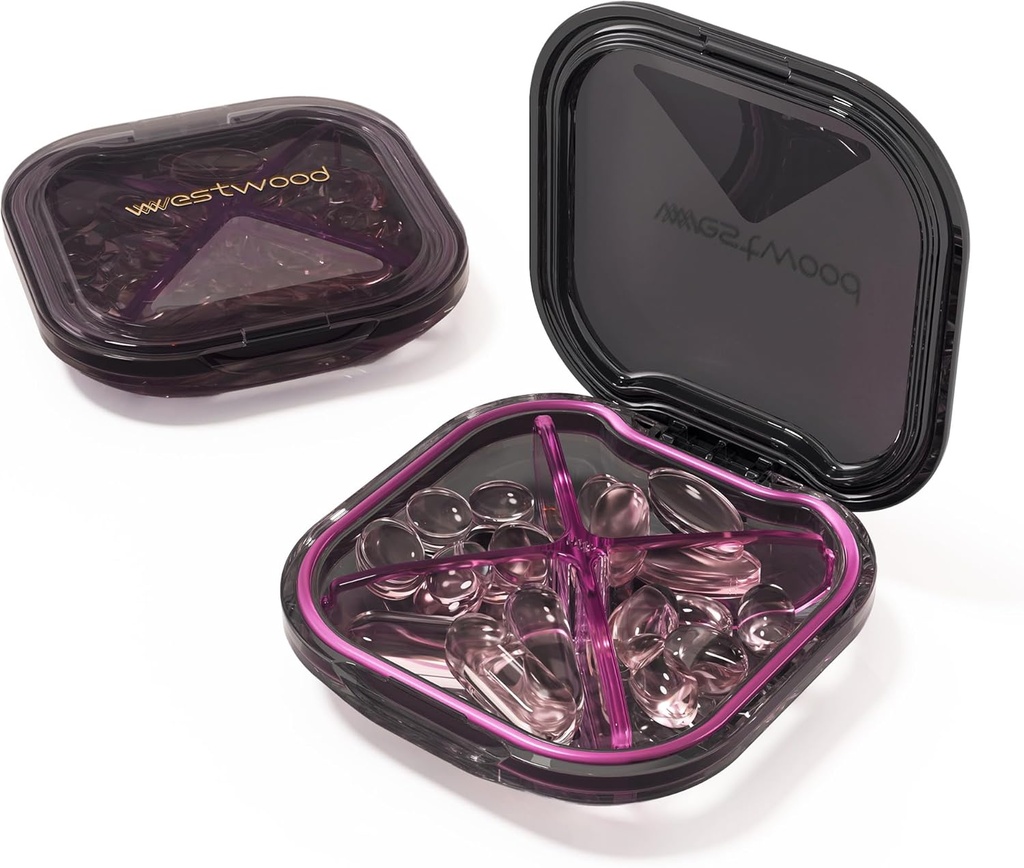 1 pacote pequeno comprimido roxo organizador, 4 compartimentos, compacto elegante bonito viagem Camping caixa de pílulas de medicina diária caso pílula, portátil e à prova de umidade para armazenar vitaminas, medicamentos e suplementos