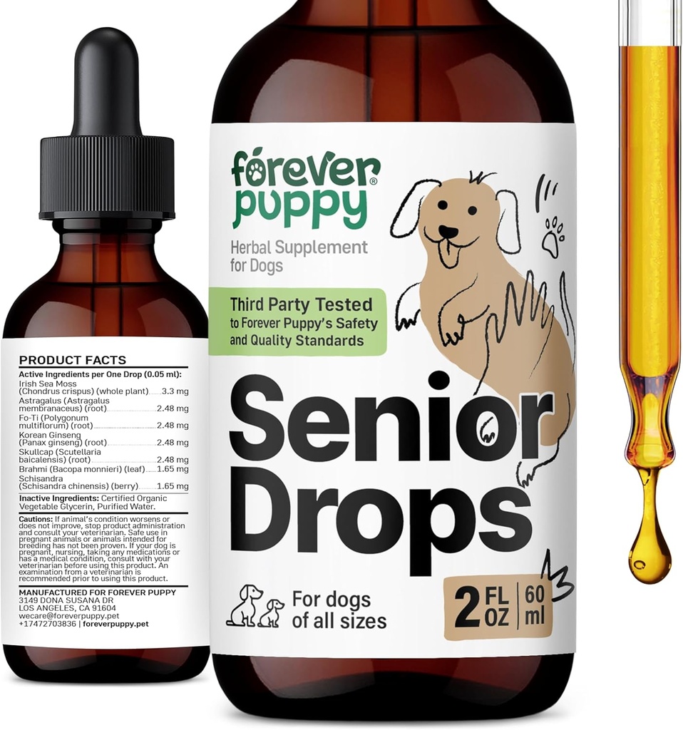 Forever Puppy Senior Drops Drops - Immune & Brain Support Complex az idős kutyák minden Breeds & Méretek - Vitaminok és kiegészítők az idősebb állatok - Élelmiszer-kiegészítők - 2 oz