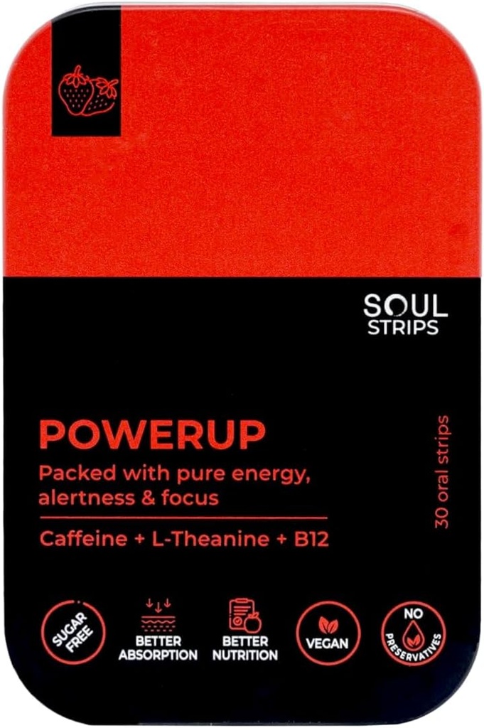 Soul Strips Power Up - Caffeine, L-Theanine, 비타민 B12, Strawberry flavor, 향상된 Metabolism, 빠른 흡수, 매일 사용, Zero Sugar, Vegan, 30 스트립 팩과 함께 운동 + 에너지 구두 스트립