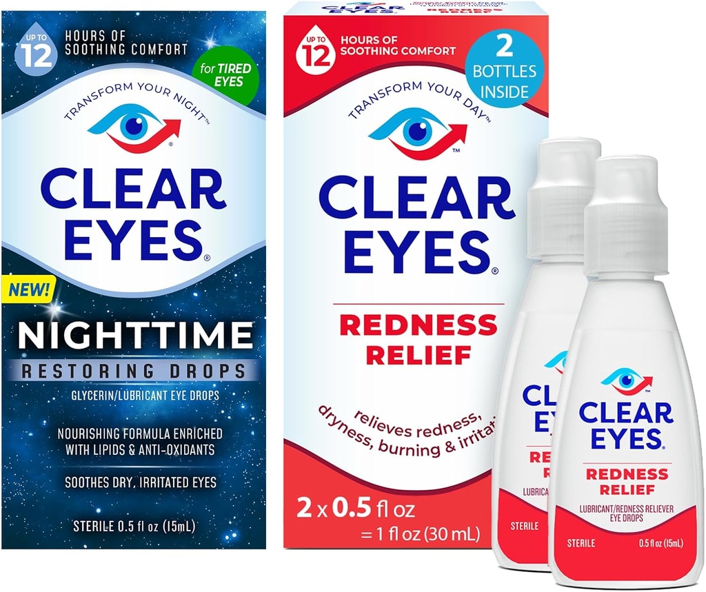Bundle of Clear Eyes Nighttime Restoring Eyes Drops, Nighttime Relief Dry Eye Drops, 0,5 Fl Oz + Clear Eyes Redness Relief Eye Drops, 0,5 oz, Dual Pack