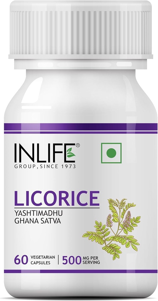 InLIFE Licorice Root Extract (Yasthimadhu) Estàndarditzat a > 20% Glycyrhinic Acid suplementari, 500 mg - 60 Vegetarian Capsules