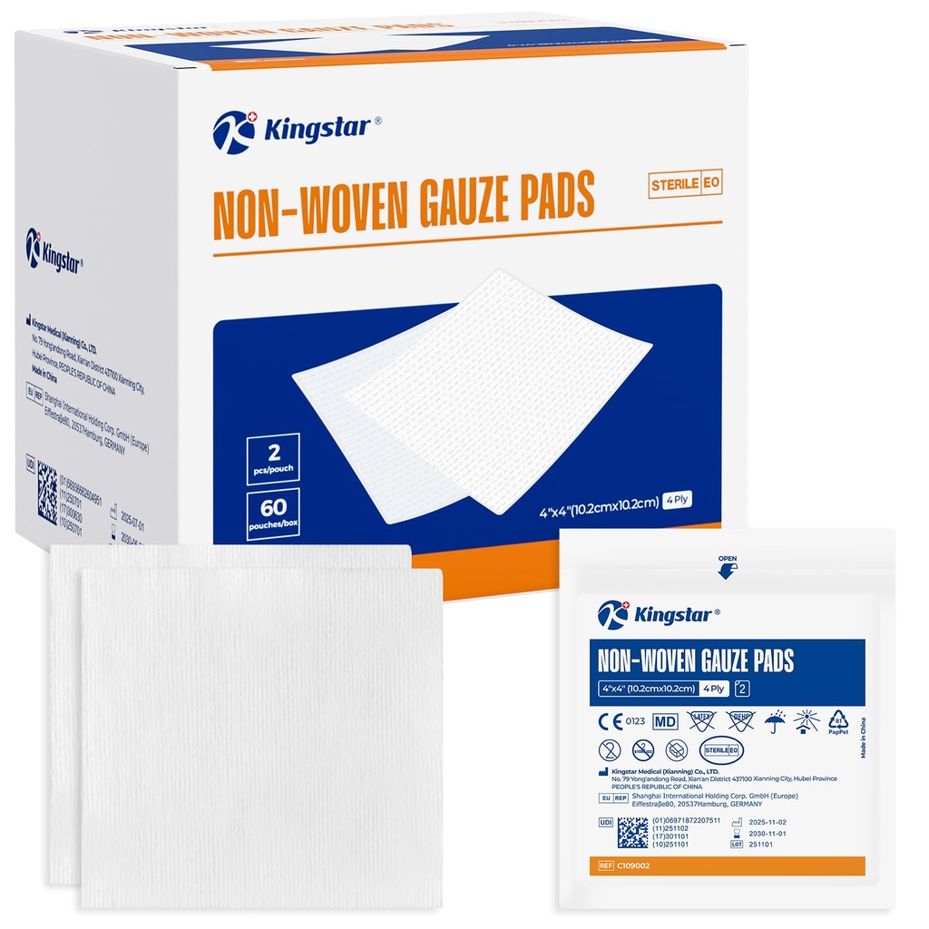 Kingstar Sterile Nonwoven Gauze Pads, 4"x 4", 60 Packs - 120 Pieces | Soft Sponge Pads, Higher Absorbent Gauze Compresses for Trauma or Post-Operative Wound Care