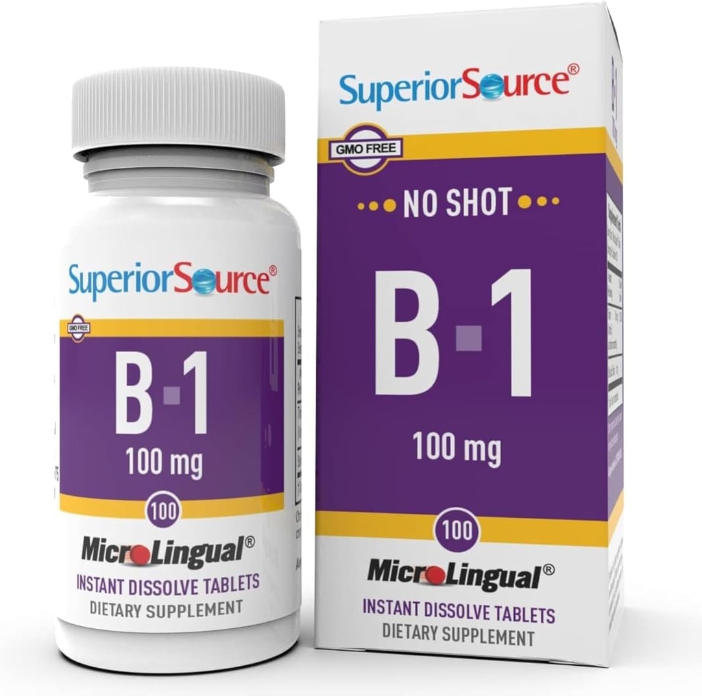 Superior Bron B-1 100 mg - Vitamine B-supplement Ondersteunt gezonde energie en groei - zenuw- en spijsverteringssysteem ondersteuningsformule met thamine - 100 Sublingual Dissolving Tablets