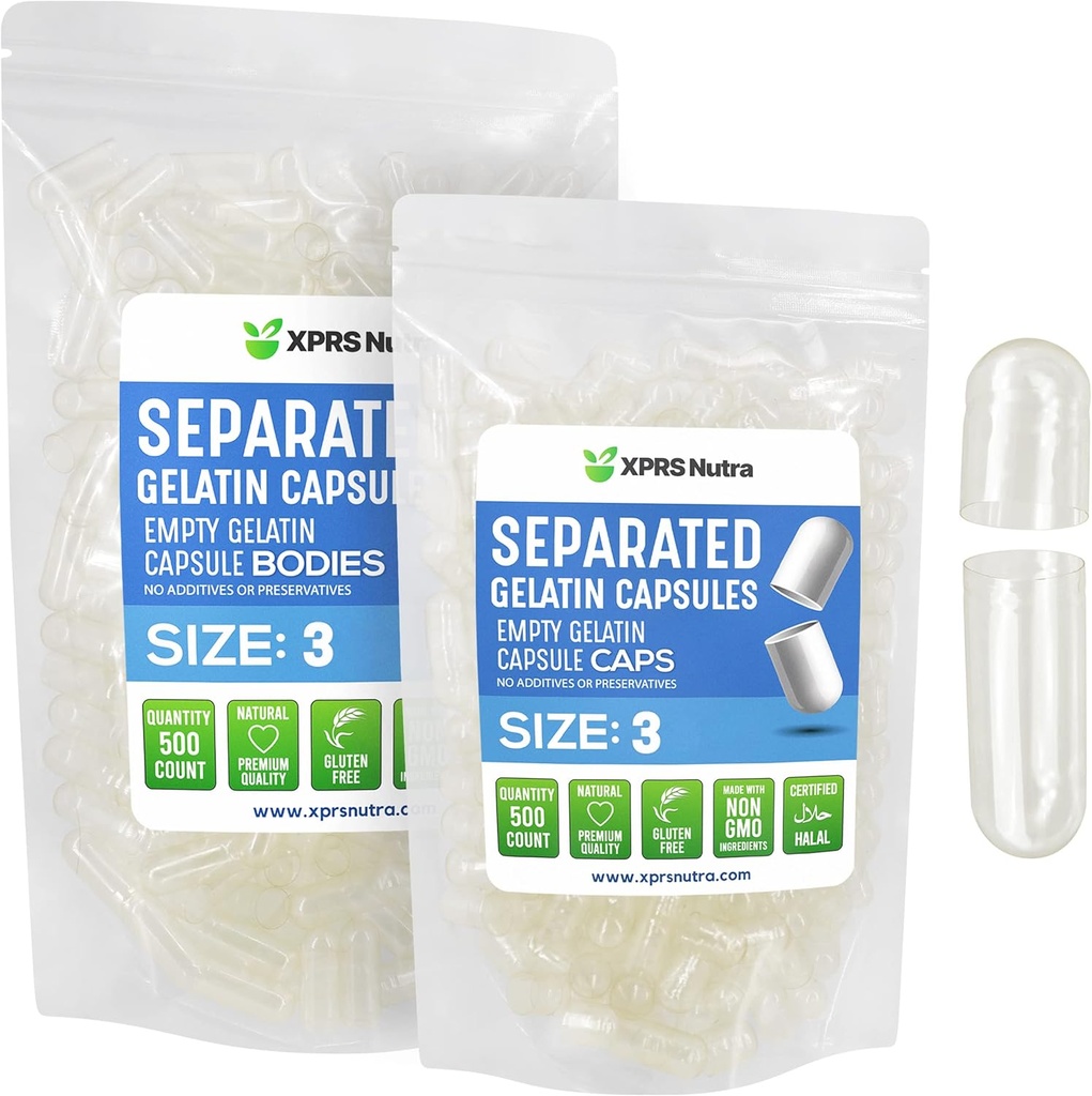 XPRS Nutra Gelatin Größe 3 Getrennte Kapseln - 500 Count Clear Leer Kapseln Getrennt in Taschen - Größe 3 Gelatin Pillen Fillable Gel Caps für Do-It-Yourself Ergänzung Füllung