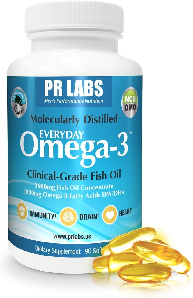 PR Labs - Hver dag Omega-3 klinisk klasse fiskeolje Supplement for menn - fremmer hjerte, hjerne, immun og felles støtte - Sustainabilt kildet og molekylært destillert - 1800 mg EPA og DHA - 1 pakke