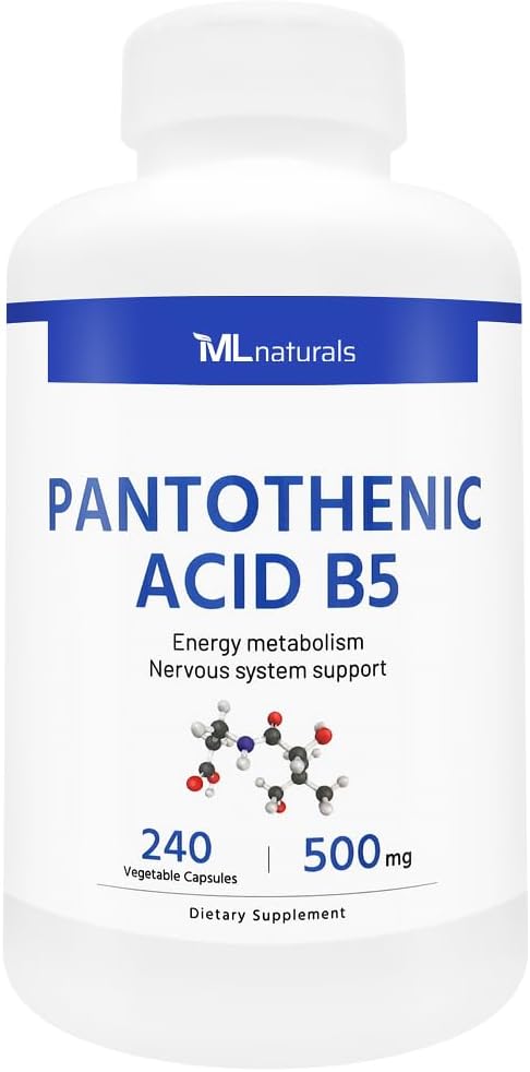 ML Naturals Pantothenic Acid B5 240 Vegetabiliska kapslar. Energy Metabolism, Nervous System Support, NSF-Certified & CGMP-Compliant
