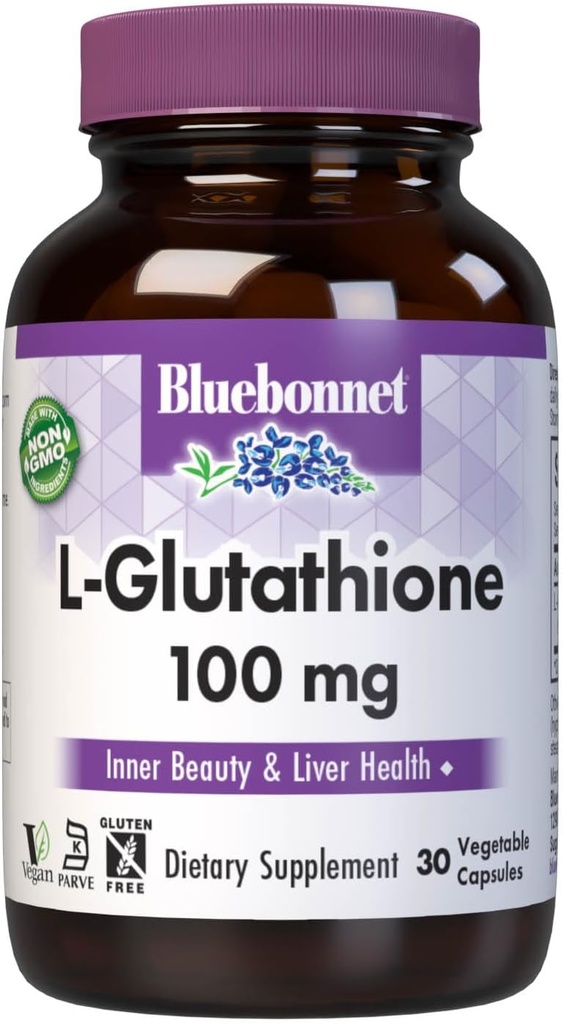 Bluebonnet Nutrition L- Glutathione 100mg, Free- Form Amino Acid, do bezpłatnej ochrony radykalnej, Soy- Free, Gluten- Free, Non-GMO, Kosher Certified, Vegan, 30 Kapsułki warzyw, 30 Służenie