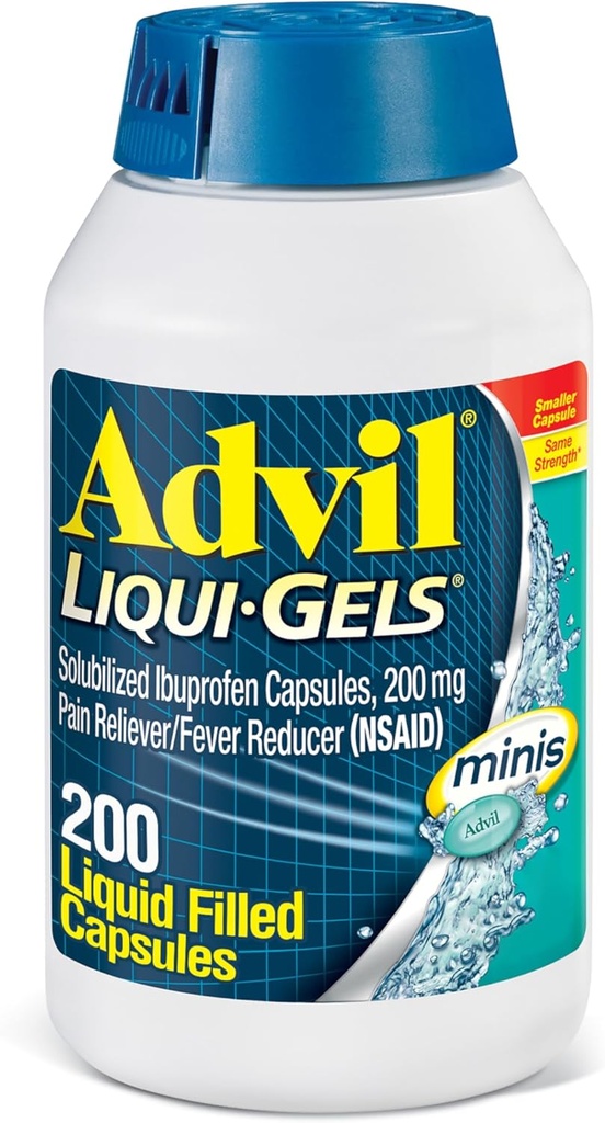 Advil Liqui-Gels minis Pain Reliever and Fever Reducer, Pain Medicine Ibuprofen 200mg-rekin Pain Relief - 200 Liquid Betetako kapsulak