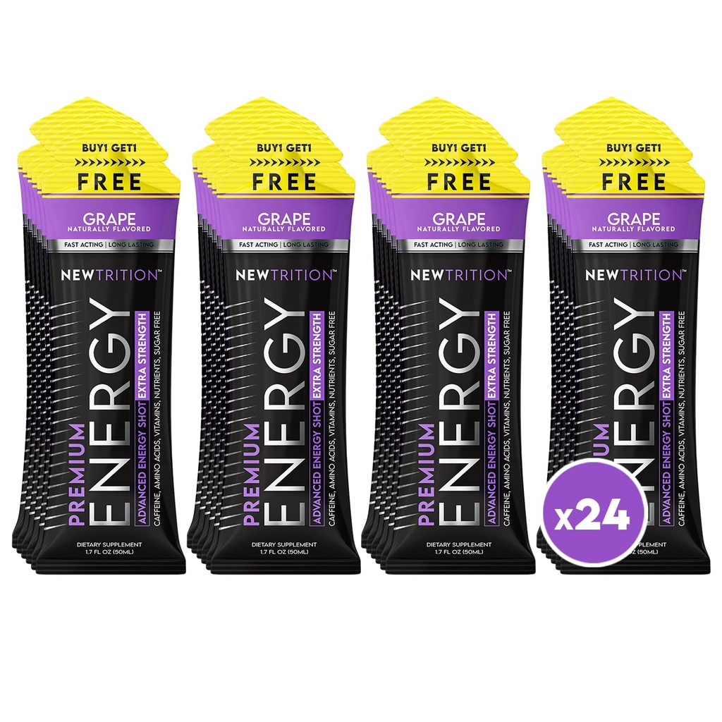 NewTrition ® Extra Force Energy Shots, 250 mg Caffeine Energy Shots with Vitaminum B & Amino Acids, Sugare Free Vitaminas Energy Shot, 1.7 fl oz (Pack of 24, Vynuogių)