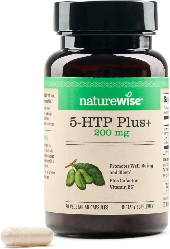 NatureWise 5-HTP 200 מ"ג תוספת של Griffonia Seeds עם Cofactor ויטמין B6 - Mood Support and Natural Sleep Aid for Adults - נדחה ל-Release, טבעוני - 30 Count[1-Month Supply]