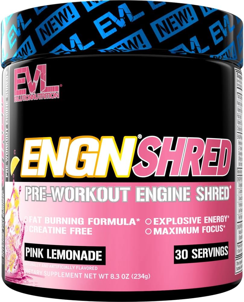 אבקת EVL Ultimate Pre Workout אבקה - שריפת שומן ממותרפי תומך טרום עבודהout משקה עבור Lasting Energy Focus ו- Stamina - ENGN Shred Intense Creatine Free Preworkout drink Mix - ורוד לימון