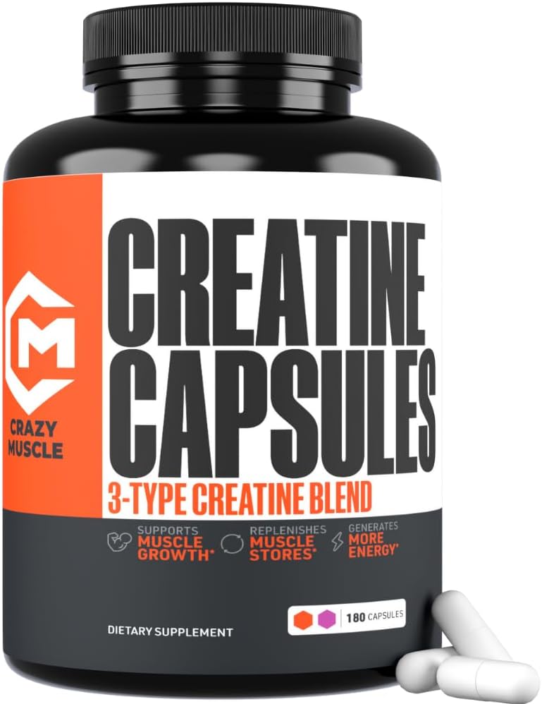 Creatina Cápsulas, 5g Premium 3X ThreeAtine Pre Treino Massa muscular em massa Gainer, alta absorção Fácil de tomar Creatina Mono-hidrato comprimidos Desempenho Optimum Alternativo para homens Mulheres, 180 Cápsulas