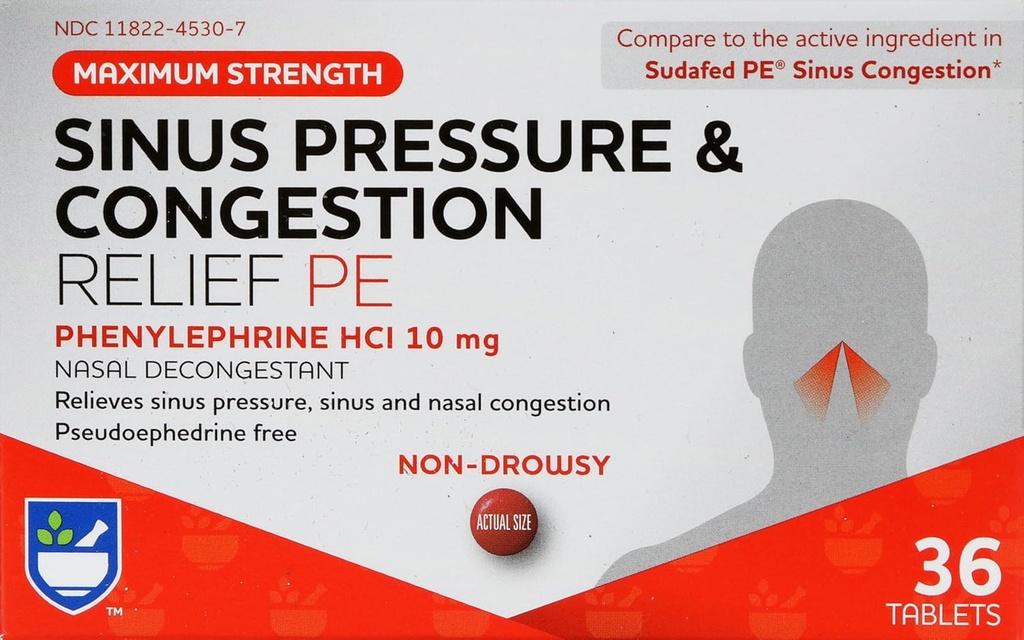 Rite Aid Sinus Pressure and Congestion Non-Drowsy Relief PE, 10mg - 36 tabletter Nasal Decongestant | Sinus Relief | Allergy Medication Non Drowsy | Allergy Relief | Sinus Pressure Relief