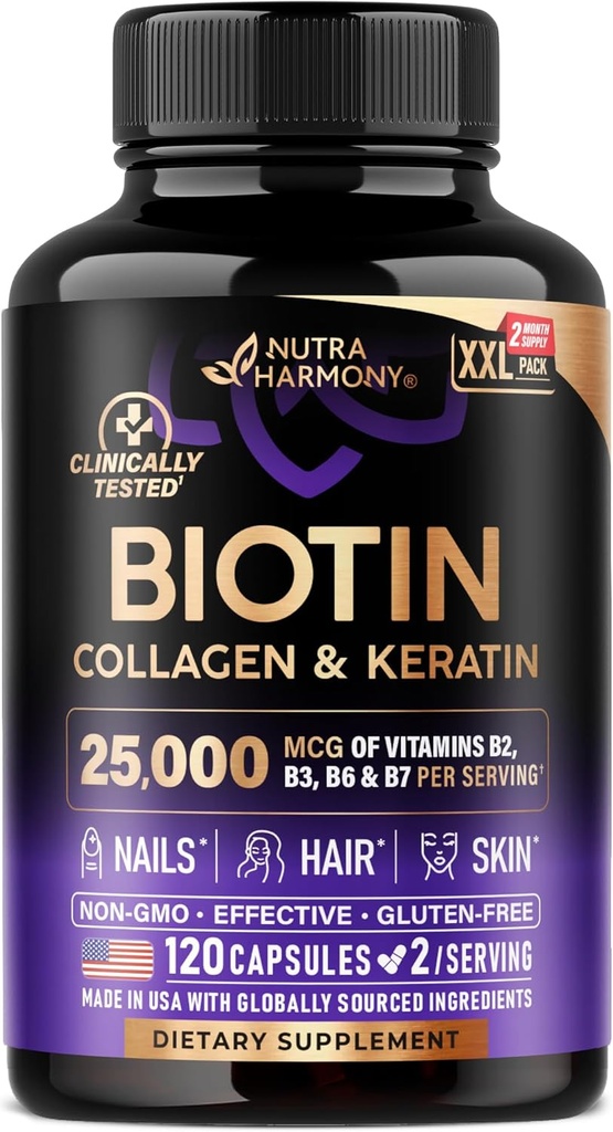 Biotin | Collagen | Hyaluronic Acid | Keratin - Clinically Tested Supplement - Hair Growth Support, Skin & Nails - 25000 mcg Vitamins B2, B3, B6 & B7 + B1 - Made in USA - Women & Men | 120 Capsules
