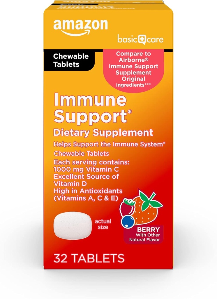   Basic Care - Immune Support Supplement, Berry Chew Tablets, excellent source of the body-essential sunshine Vitamin D, 32 Count