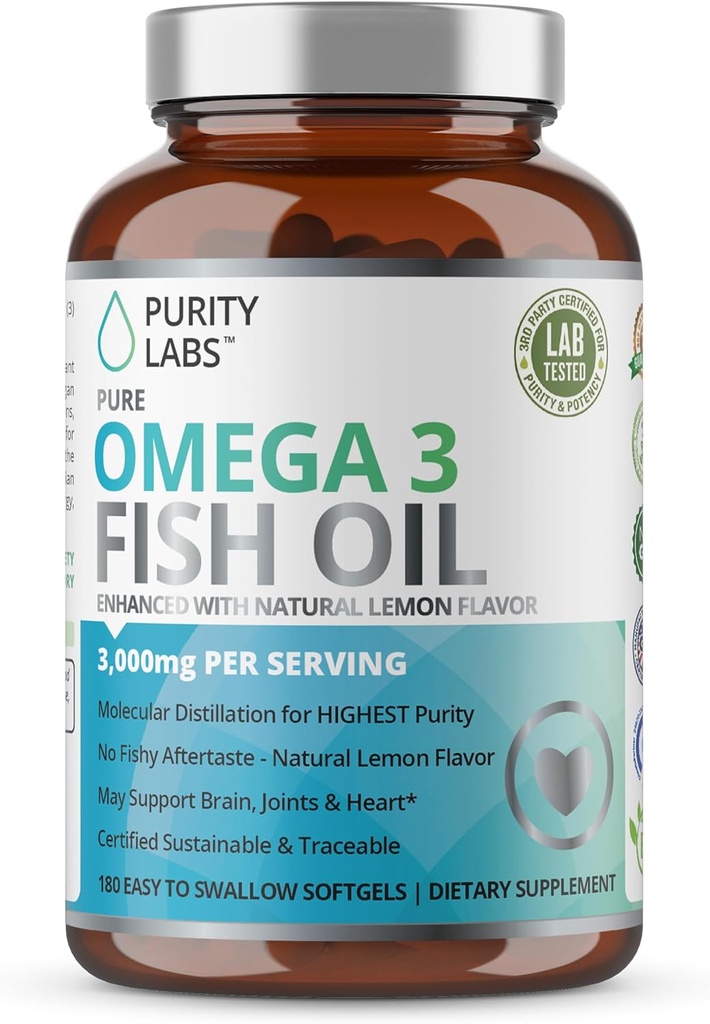 纯度实验室 Omega 3 鱼油 3000mg – DHA & EPA Omega 3 支持心脏和大脑健康的脂肪酸补充剂 - 免疫支持补充剂 - 180 软胶(60种服务)