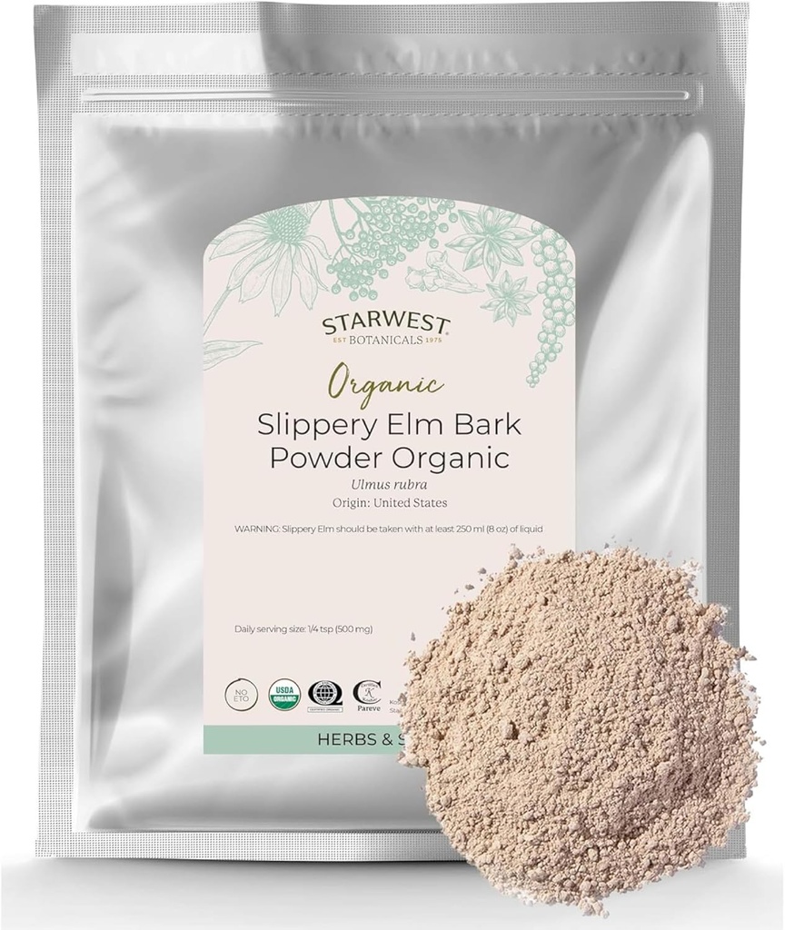 Zvaigznes Botānika Organic Slippery Elm Bark Pulveris sievietēm un vīriešiem - Tradicionālais Tējas un labsajūtas ārstniecības augs, Izbaudiet ar pienu un saldinātāju, Sertificēts Kosher, Non-GMO - Bulk 1 lb Bag
