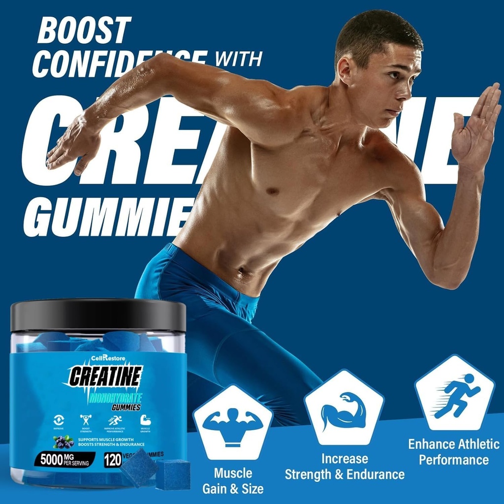 Creatine Monohydrate Gummys for Men and Women 5g of Creatine Monohydrate per service - 帮助增强力量和构建肌肉,Sugar Free,Vegan,蓝莓火焰,120 Counter
