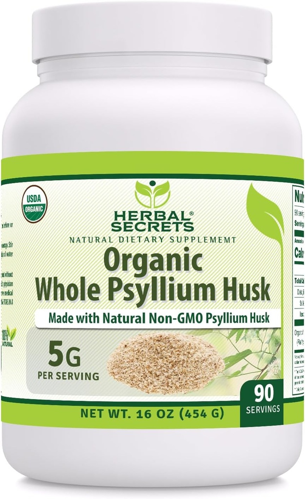 Herbal Secrets Whole Psyllium Husk Powder Supplement | 5 Gram per portion | Non-GMO | Gluten-Free | Made in USA (16 Oz, 1 Pack)