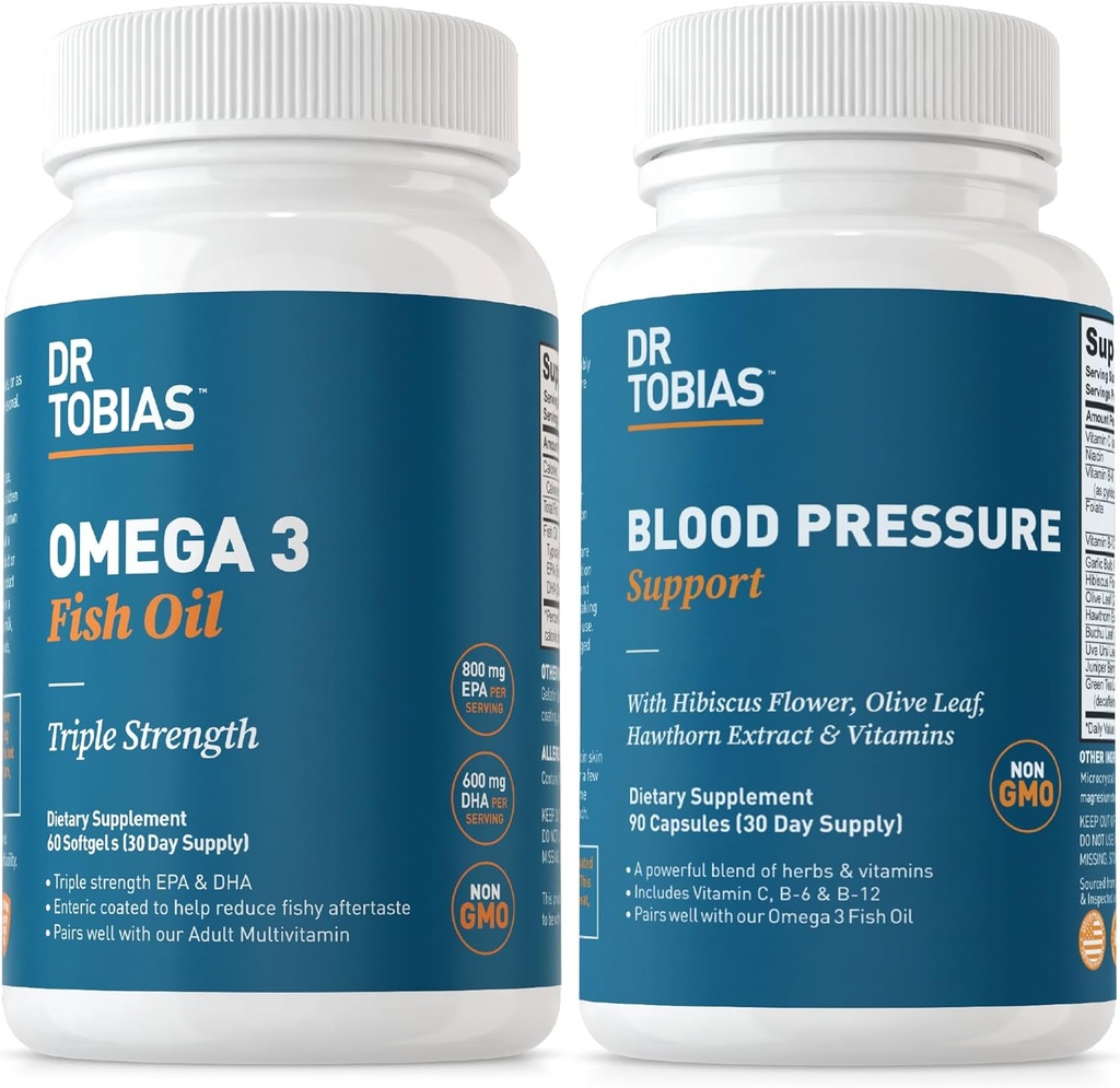 Dr Tobias Omega 3 Fish Oil & Blood Pressure Supplements for Heart, Mózg, Immune, Circulative Health, with Witamina C, B6, B12, Niacin, Folate & Herbs
