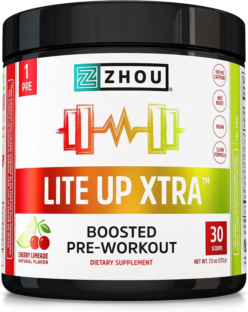 Zhou Lite Up Xtra - Bezcukrowy proszek do wstępnego treningu dla kobiet i mężczyzn, Suplement do treningu z kofeiną na czystą energię, Acid Amino Support, Hydrate & Focus, Plant Based - 30 Scoops