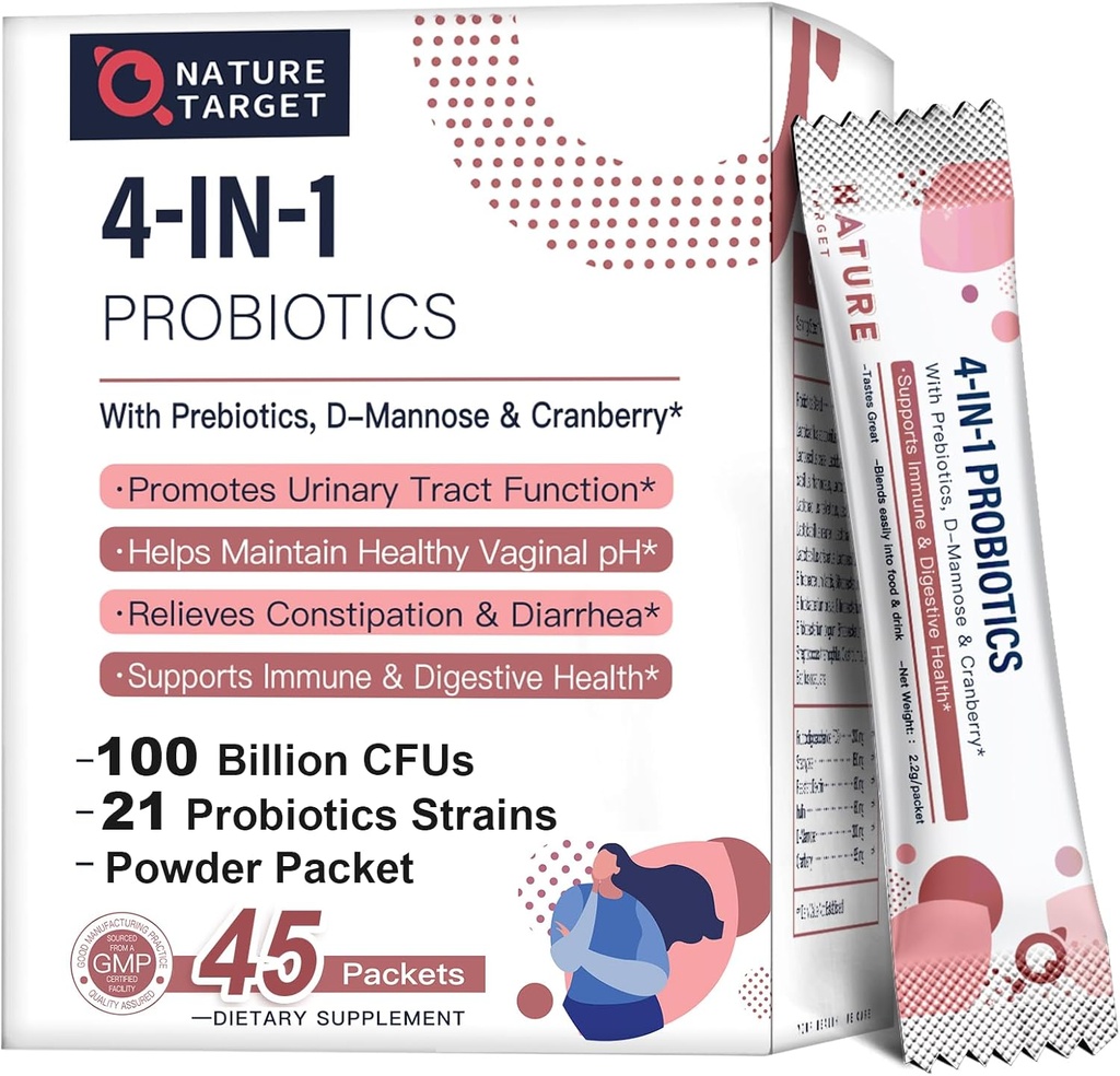 NATURE TARGET Probiotics-for-Women Prebiotics-and-Probiotics-Powder, 100-Billion-CFUs 45-Day-Supply, Urinary Tract/Gut/Digestive Health를 위한 D-Mannose와 Cranberry와 여성 프로바이오틱스