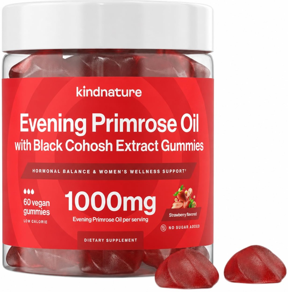 kindnature Evening Primrose Oil Gummies for Women – 1000mg + Black Cohosh – PMS, Perimenopause & Menopause Support – Vegan, Sugar-Free, Non-GMO