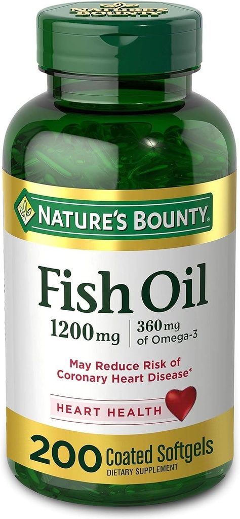 Fish Oil by Nature's Bounty, Suplemento dietético, Omega 3. soporta a saúde cardíaca, 1200 Mg, 200 softgels de liberación rápida