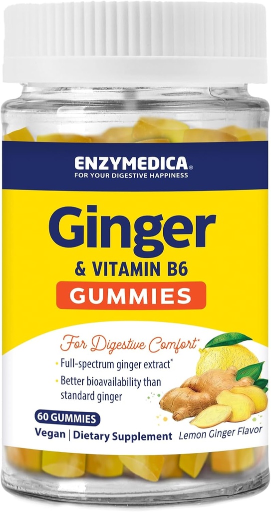 Enzymedica, Ginger & Vitamin B6 Gummi, Unterstützung für okziale Übelkeit & Verdauung, hohe Potenz, entspricht 200 mg Ginger Extract, 60 Count