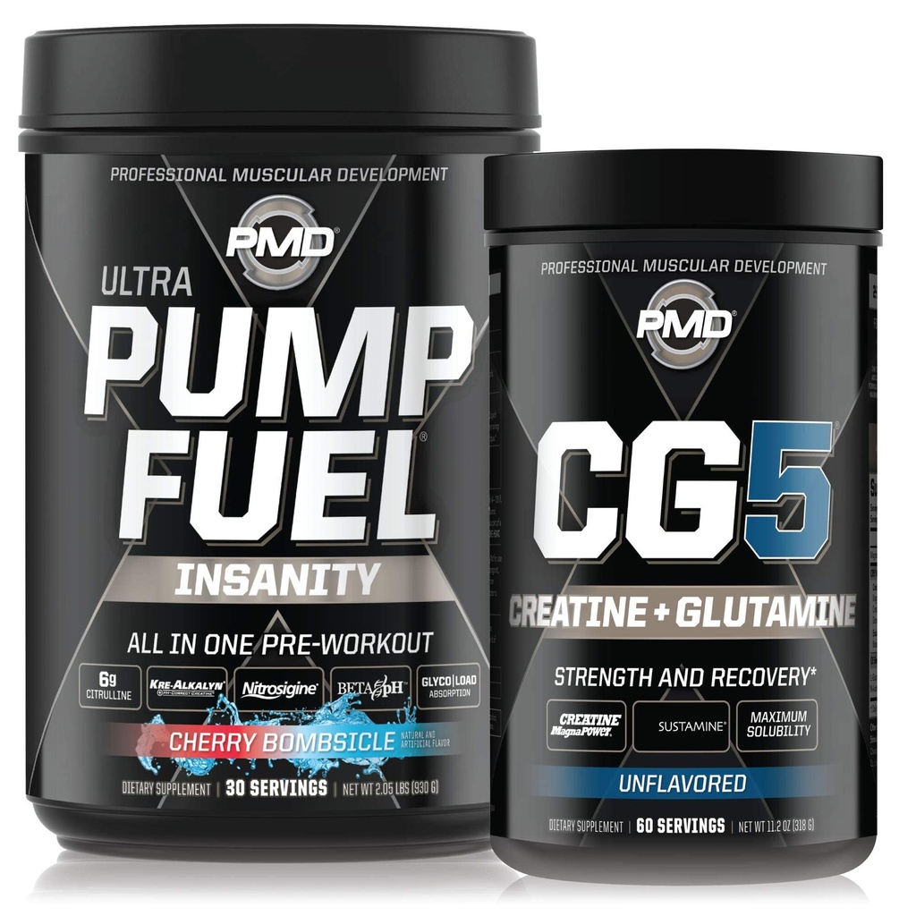 PMD Sports Ultra Pump Fuel Insanity - Pre Workout – Cherry Bombsicle (30 Servings) Sports CG5 Premium Creatine and L-Glutamine Powder (60 Servings)