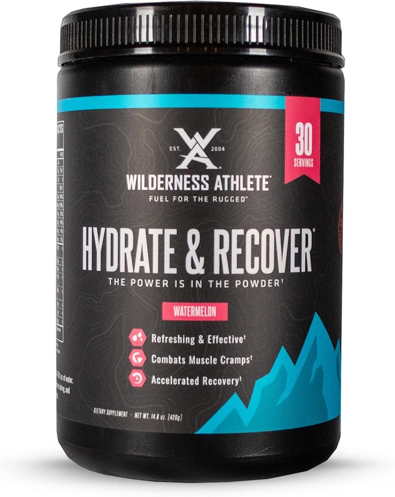 Wilderness Athlete - Hydrate & Recover | Liquid Hydration Powder Electrolyte Drink Mix - Bcaas와 함께 패스너를 복구 - 비타민 C 1000mg의 하이드로 테 파우더 - 30 서빙 욕조 (수박)