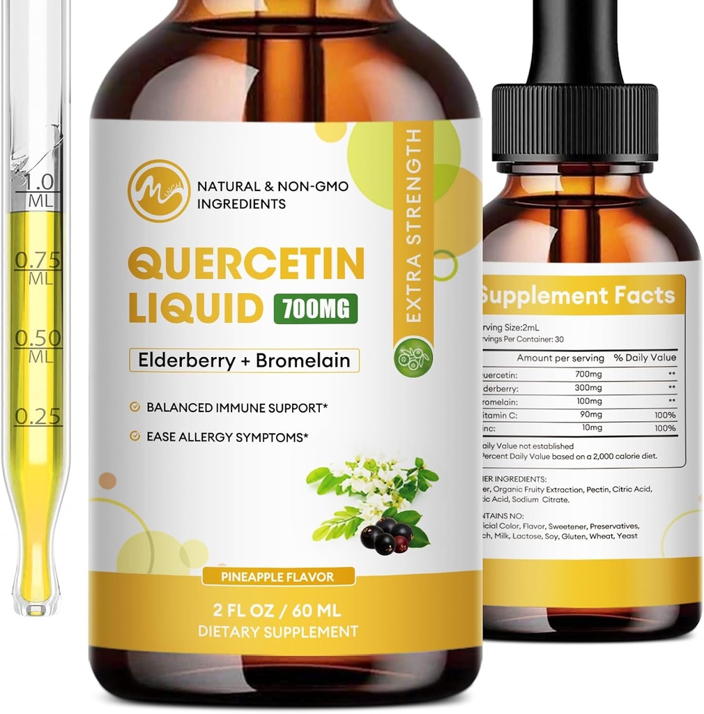 Quercetin Liquid Drops - Quercetin Supplements 700 mg - 4X Pills & Capsules - 1 Quercetin with Bromelain Elderberry Vitamin for Immunity Health Respiratory Health Skin Care- 2 Fl Oz