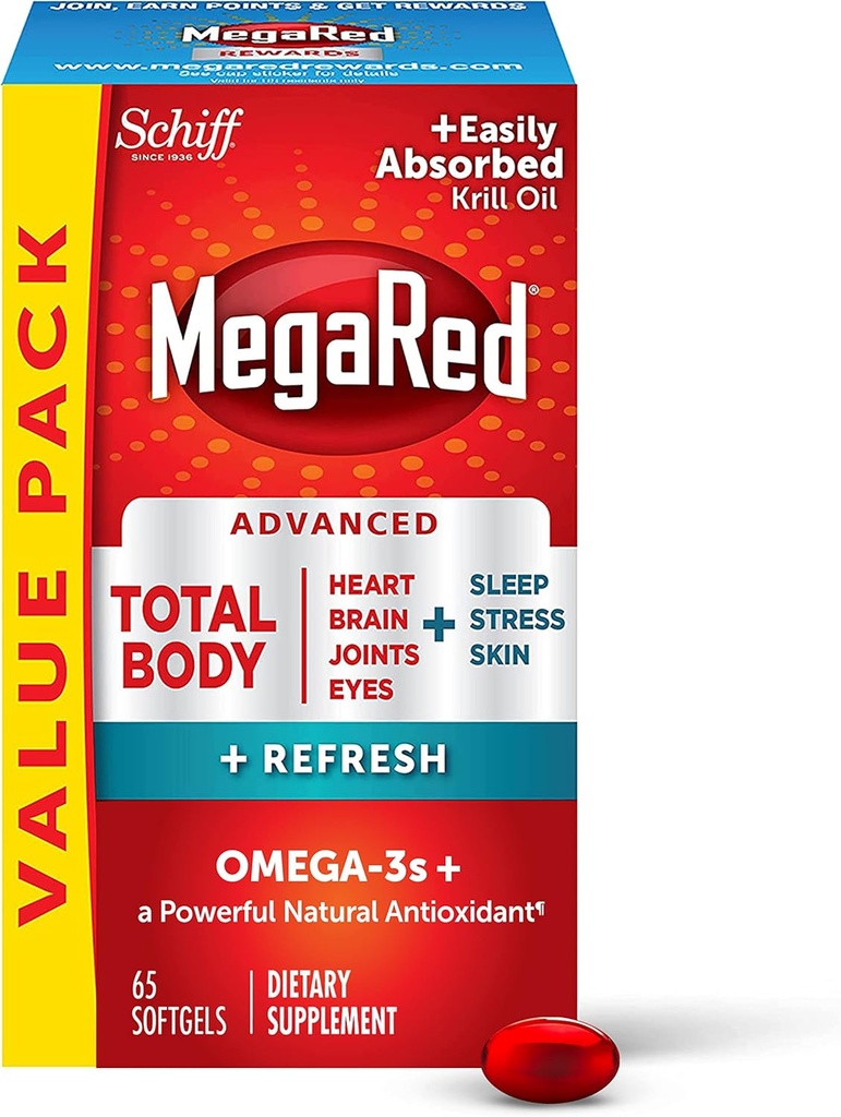 MegaRed Omega-3 Blend Total Body + Refresh 500mg Softgels, (65 Tel in een fles), Gemakkelijk geabsorbeerde Krill Oil, ter ondersteuning van uw hart, gewrichten, hersenen en ogen