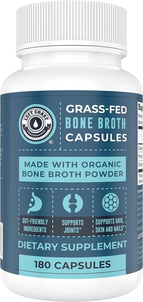 Grass-Fed Bone Broth Capsules met Collageen van biologisch Bone Broth Poeder. Collageen supplement voor nagels, haren, gewrichten en spijsverteringsgezondheid* Ondersteuning. Gut Friendly-Ingredients, 180 Capsules