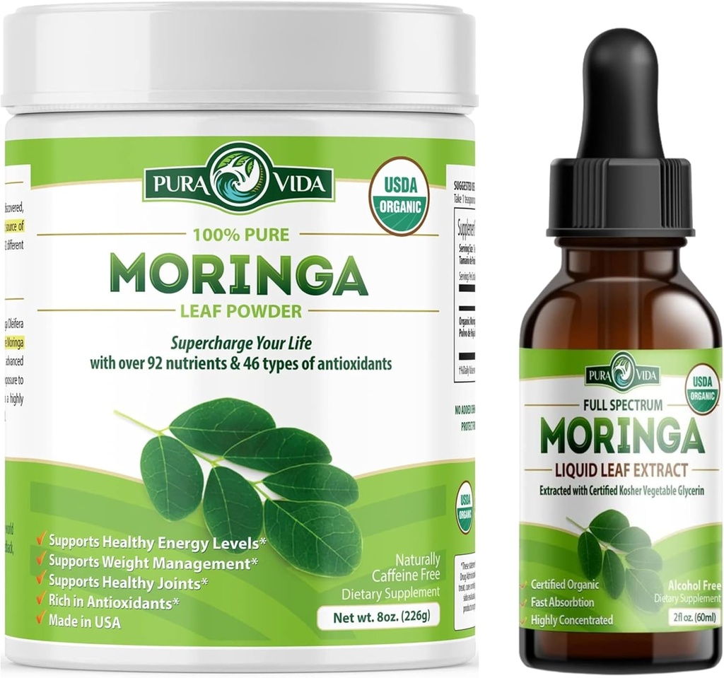 Moringa порошок органічного походження (8 унції) і Moringa Leaf екстракт краплі (2фл унції)