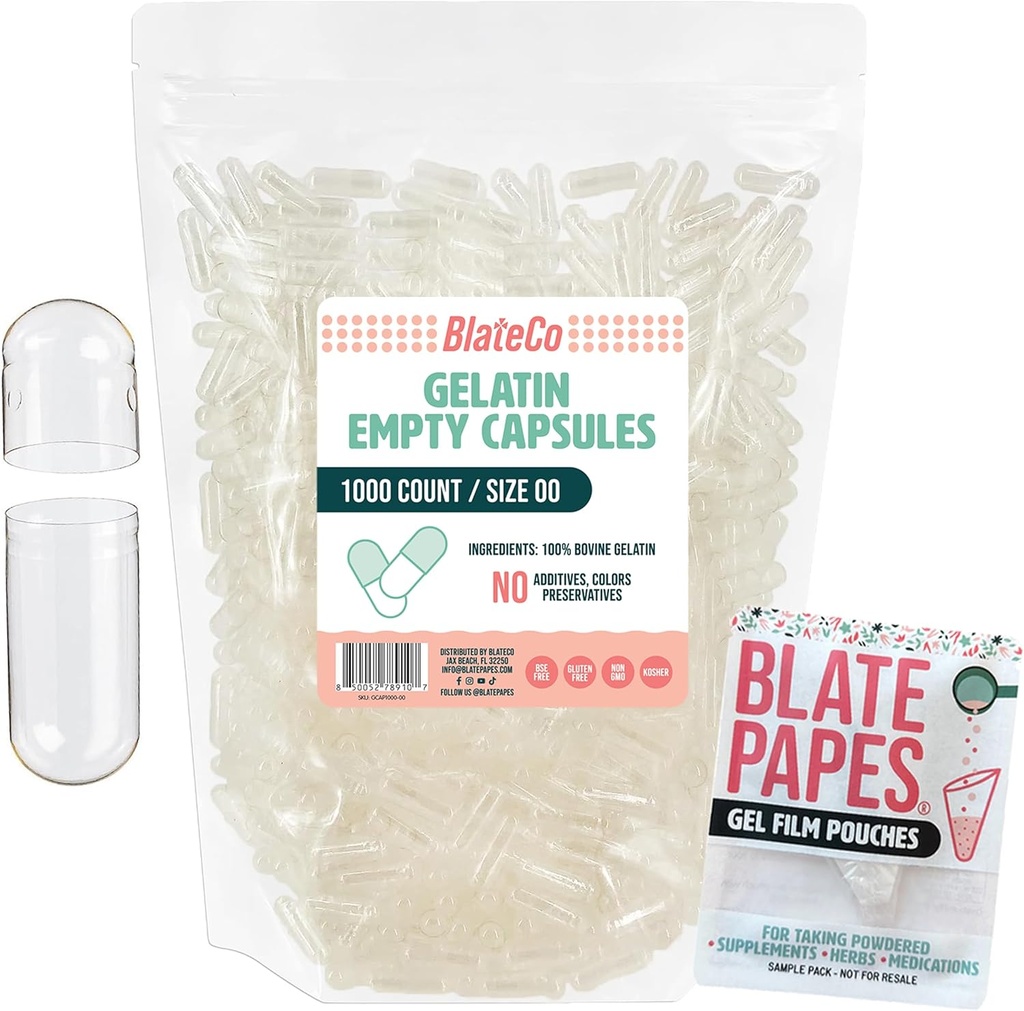 BlateCo Premium Size 00 Empty Gelatin Capsules,1000 Count (Clear) with Blate Papes® Gel Film Pouches - New, Non-GMO Fillable Pill Caps in a Resealable Bag - Nothing Artificial, Ever.