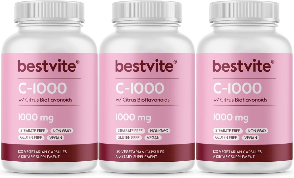 BESTVITE Witamina C 1000mg (360 Kapsułki wegetariańskie) (120 x 3) z Citrus Bioflavinoids - No Stearates - Vegan - Non GMO - Gluten Free