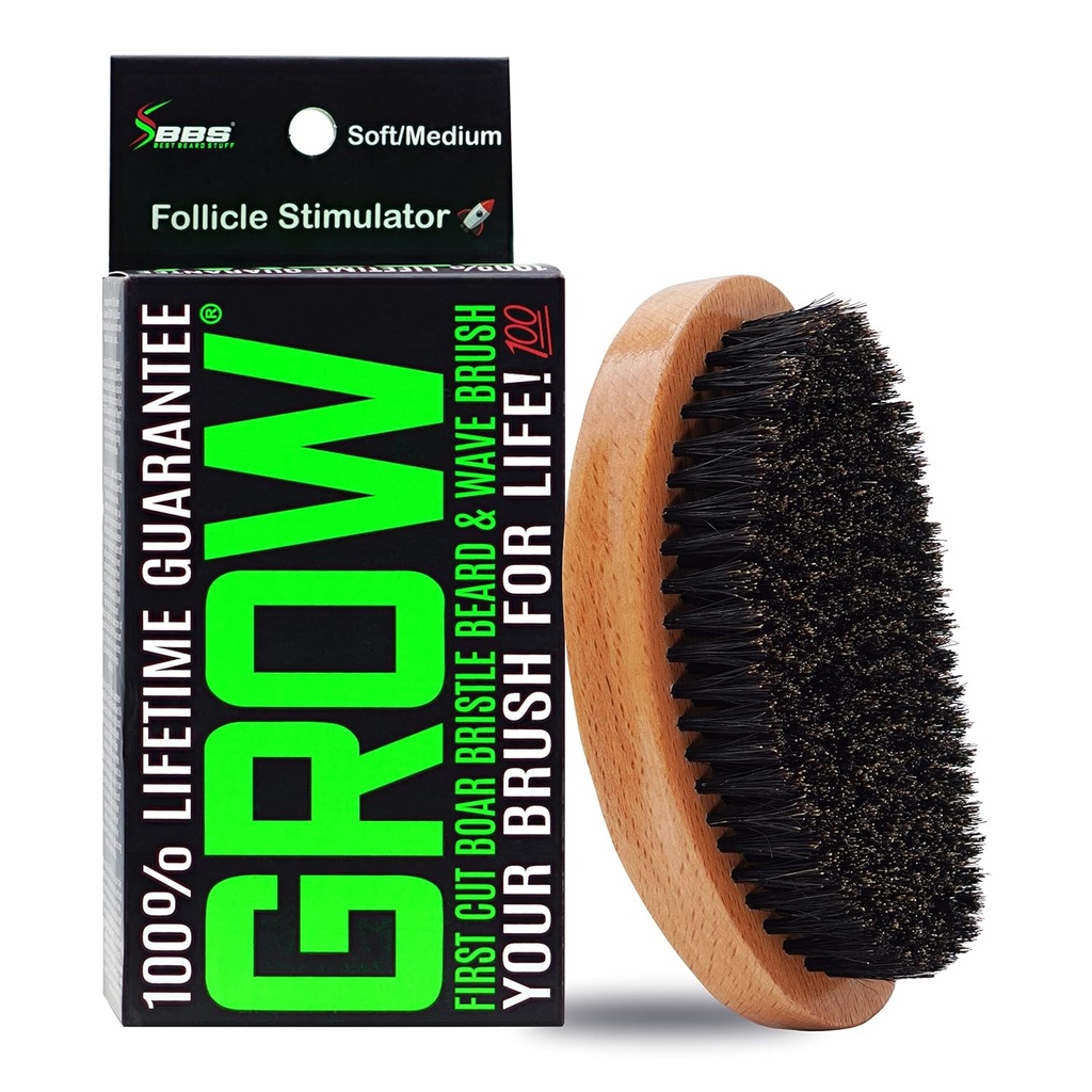 Spazzola per cuscinetti a sfere GROW Boar & 360 Wave Brush per gli uomini – Brush per la crescita di Beard e Mustache – Brush per il cuscinetto per lo stimolatore di follia – Exfoliate, Detangle & Boost Circulation – USA Made