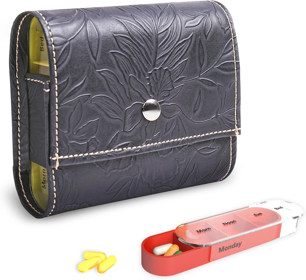 Pill Organizer, LizIMANDU Hetente Travel Pill Case Box Medication Reminder Daily AM PM, Day Night 7 Commodities, for 4 Times Egy nap, 7 nap egy hét - Tartalmazza bőrrel PU hordozó ügy (1-Carved Black)