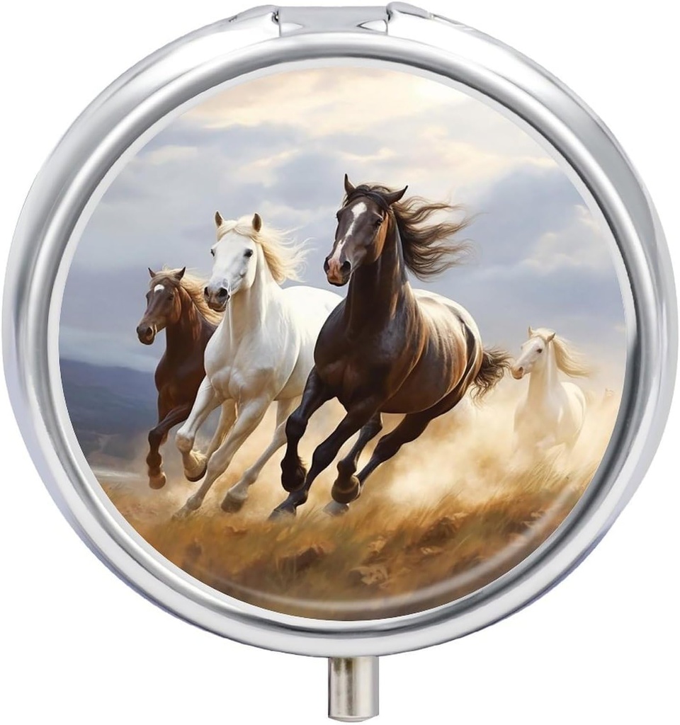 Horses Running Art Pill Case 3 Compartment Portable Pill Box Daily Round Pill Organizer for Pocket Purse Daily Medicine Container to Hold Vitamins Fish Oil Travel Gift