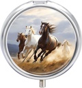 Horses Running Art Pill Case 3 Compartment Portable Pill Box Daily Round Pill Organizer for Pocket Purse Daily Medicine Container to Hold Vitamins Fish Oil Travel Gift