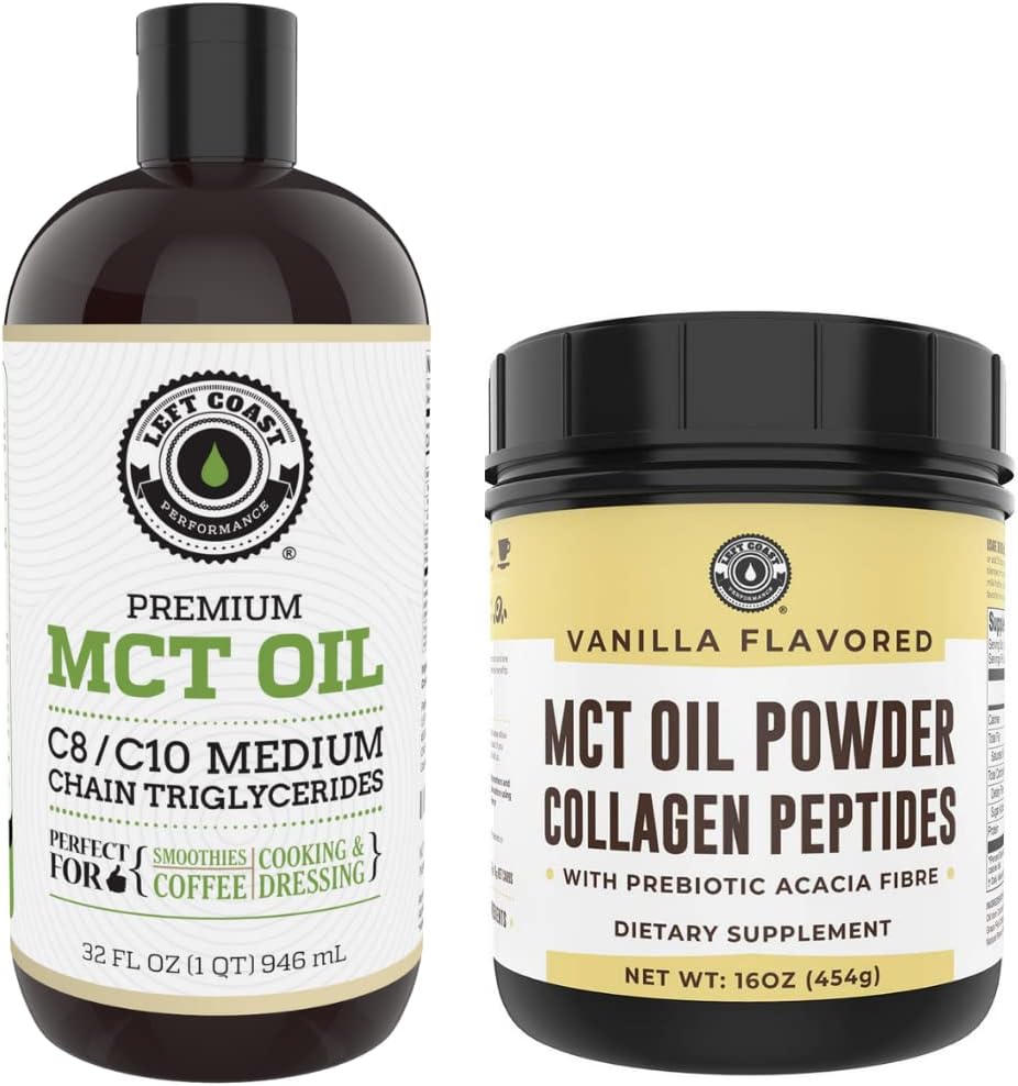 Left Coast Performance 32oz Premium MCT Oil ja 16oz Vanilla MCT + kollageeni pulber