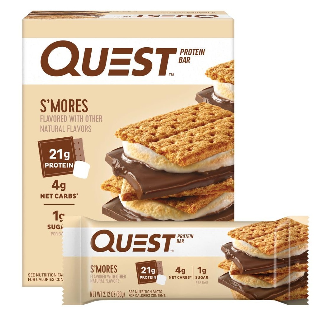 Quest Nutrition S'mores Protein Bar, 21g Protein, 4g Net Carbs, 1g Sugar, Gluten Free, Keto Friendly, 4 Count