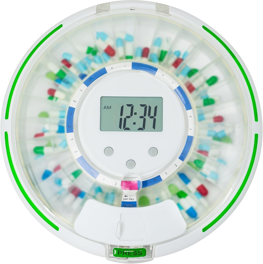 A pílula automática depende da luz, o son, a alarma e o bloqueo de seguridade, 28-Day Electronic Medicine Organizer - Despense Vitaminas e Tablets Up 6 veces / día - Easy Read Display (Frosted)