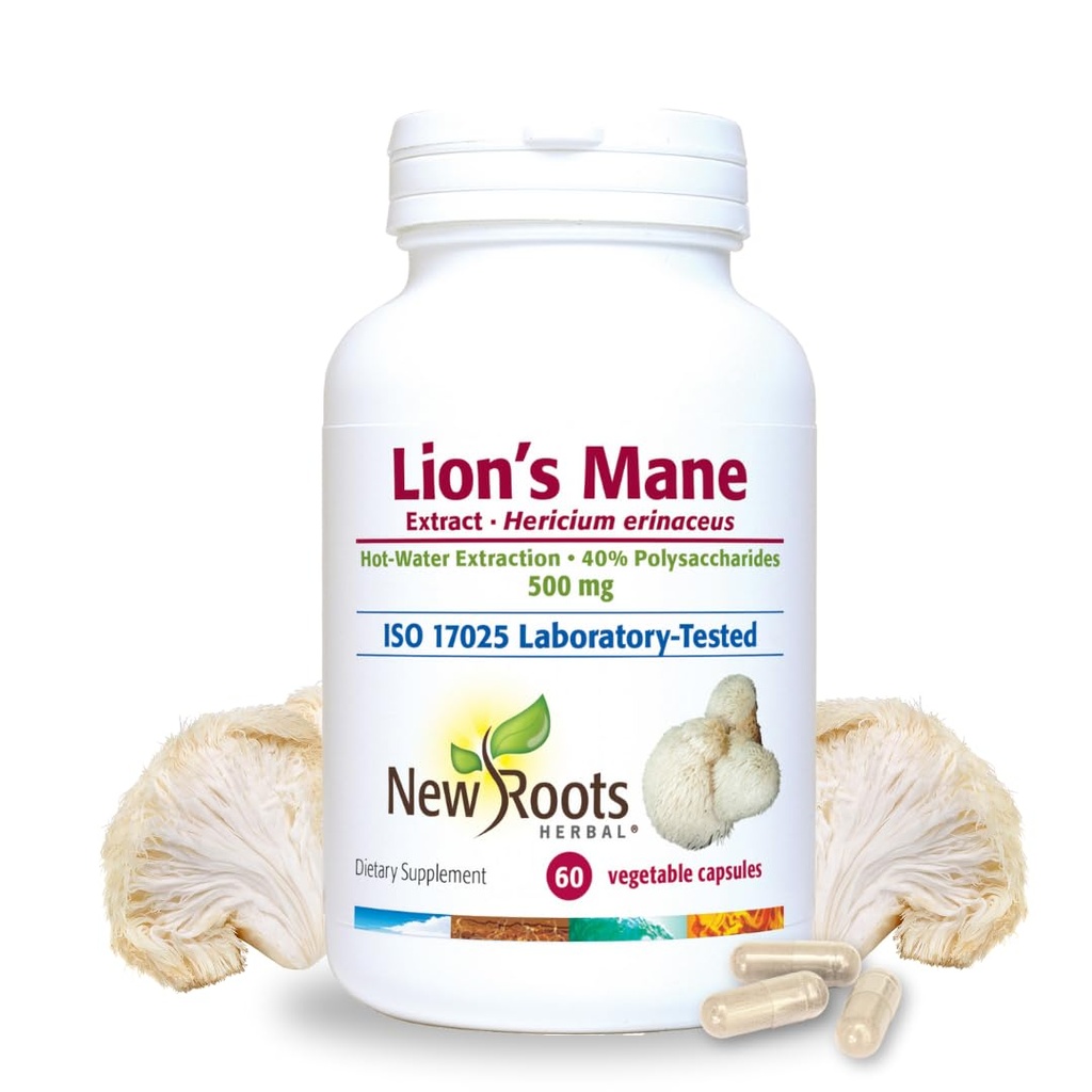NEW ROOTS HERBAL Lions Mane Supplement Capsules (60 Caps) | 500mg Highly Concentrated Lion's Mane Mushroom Powder for Memory, Focus & Immune Support Supplement