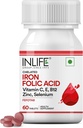INLIFE Chelated Iron Folic Acid Supplement with Vitamin C, E, B12, çinko & Selenium for Men Women - 60 Tablets
