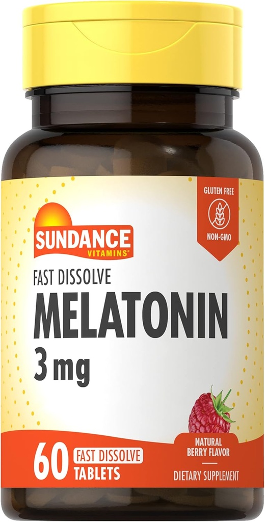 Sundance Melatonin 3mg Fast Dissolve | 60 טבליות צמחוניות | Natural ברי פלאמור | Vegetarian, non-GMO ו- Gluten Free Supplement